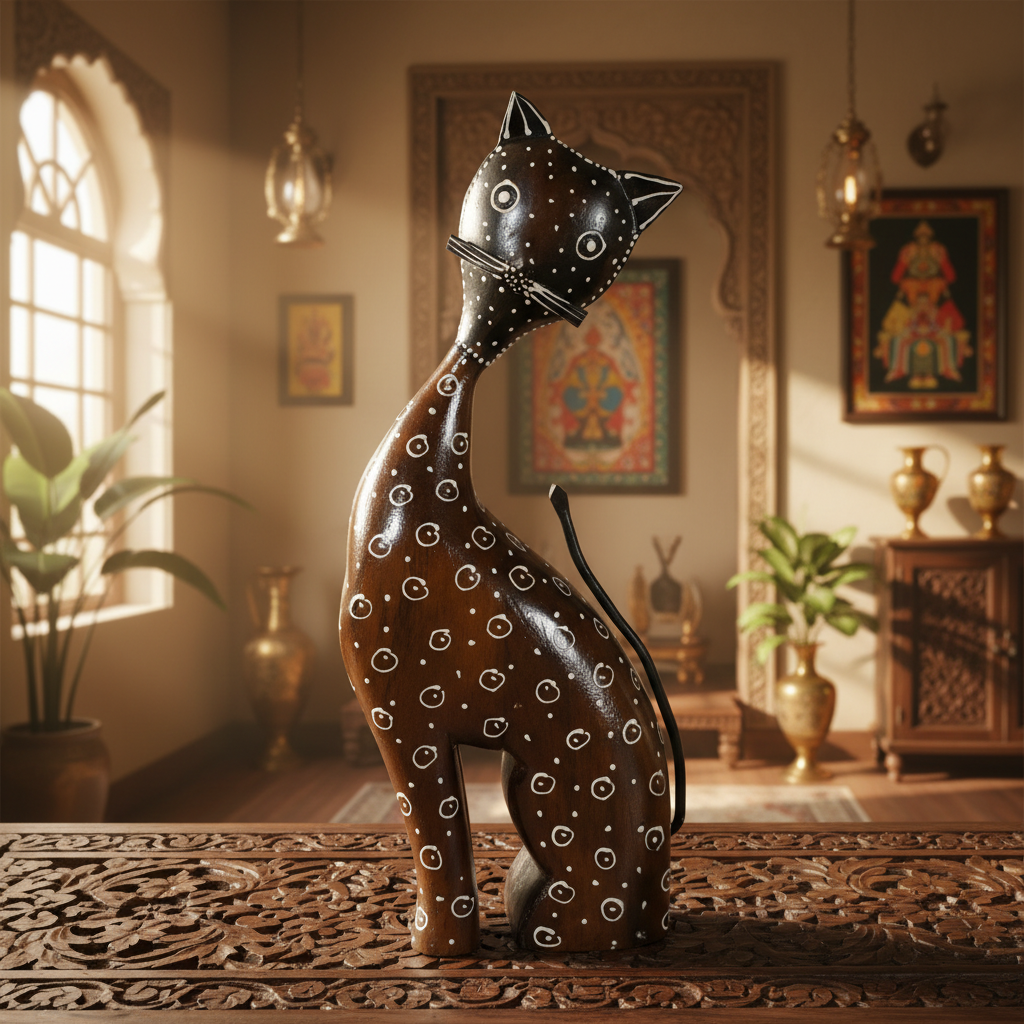 Decorative Handcrafted Wooden Cat Figurine – Brown Natural  Hand Painted Finish