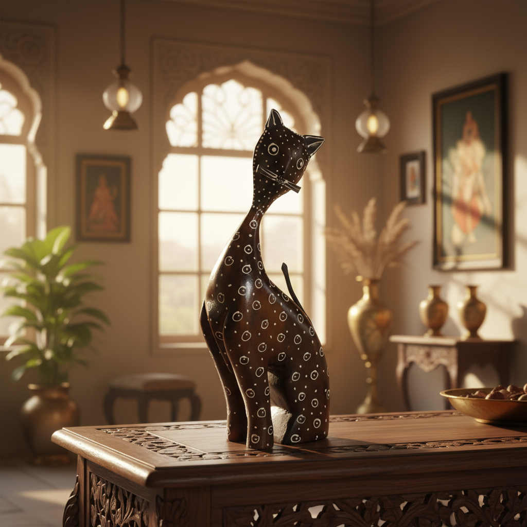 Decorative Handcrafted Wooden Cat Figurine – Brown Natural  Hand Painted Finish