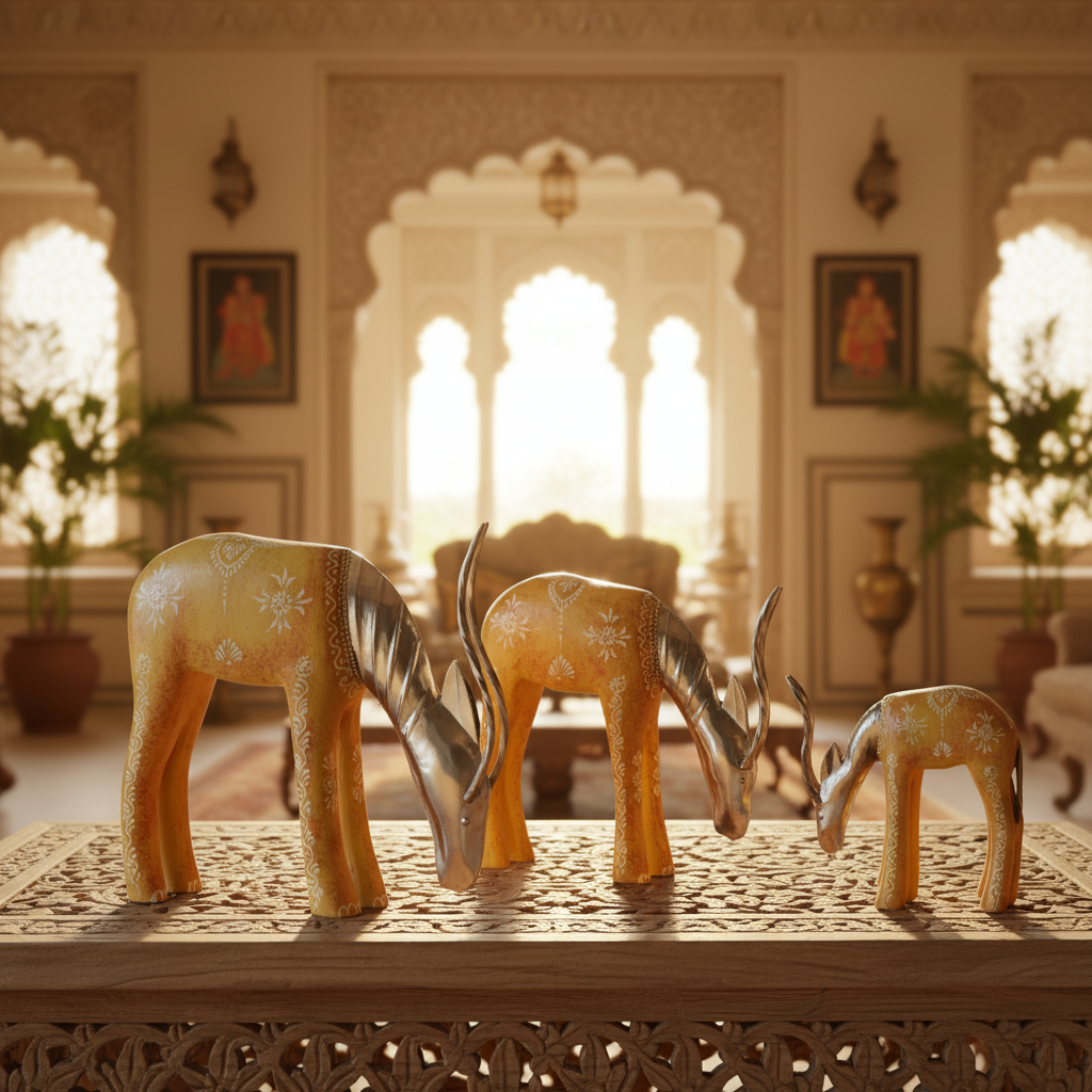 Decorative Handcrafted Deer Figurine Set – Antique Mustard Finish