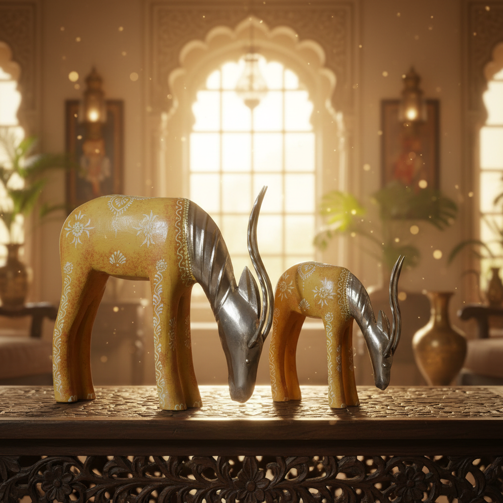 Decorative Handcrafted Deer Figurine Set – Antique Mustard Finish
