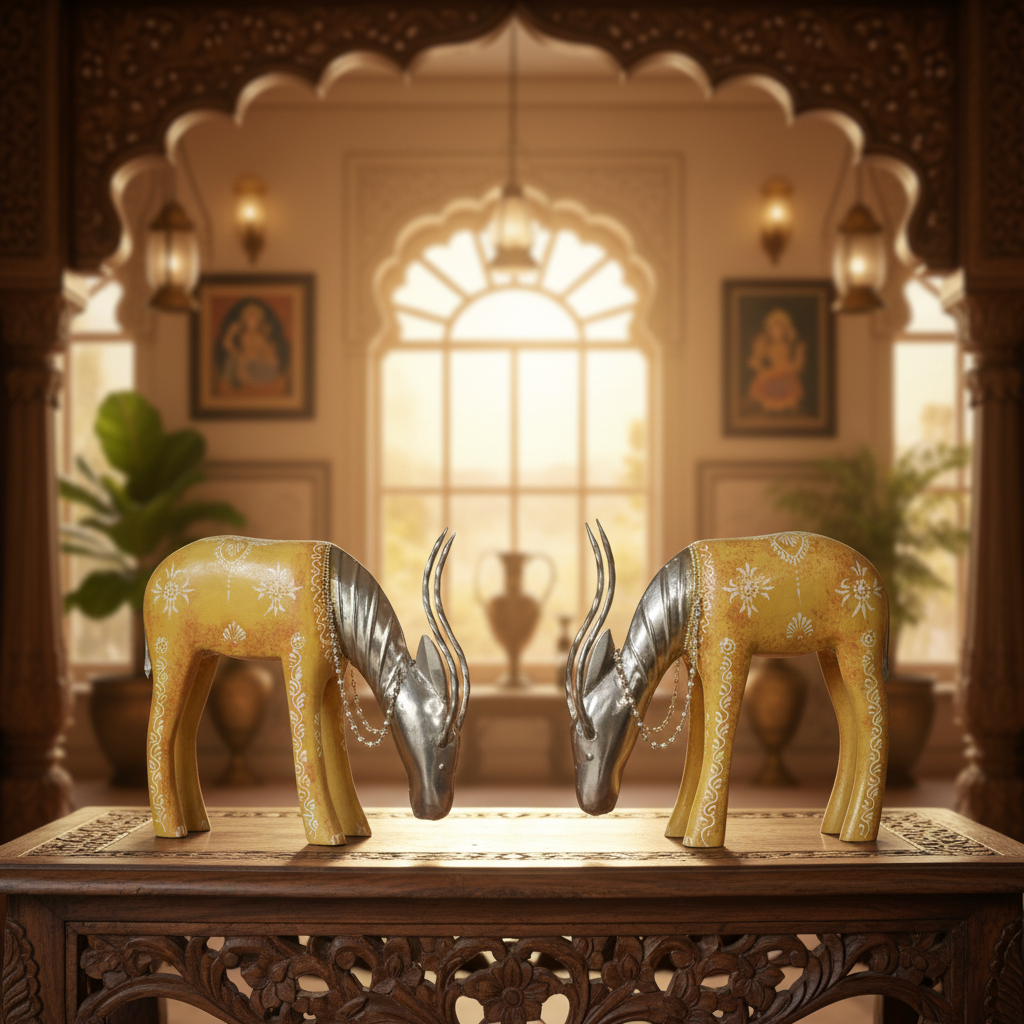 Decorative Handcrafted Deer Figurine Set – Antique Mustard Finish