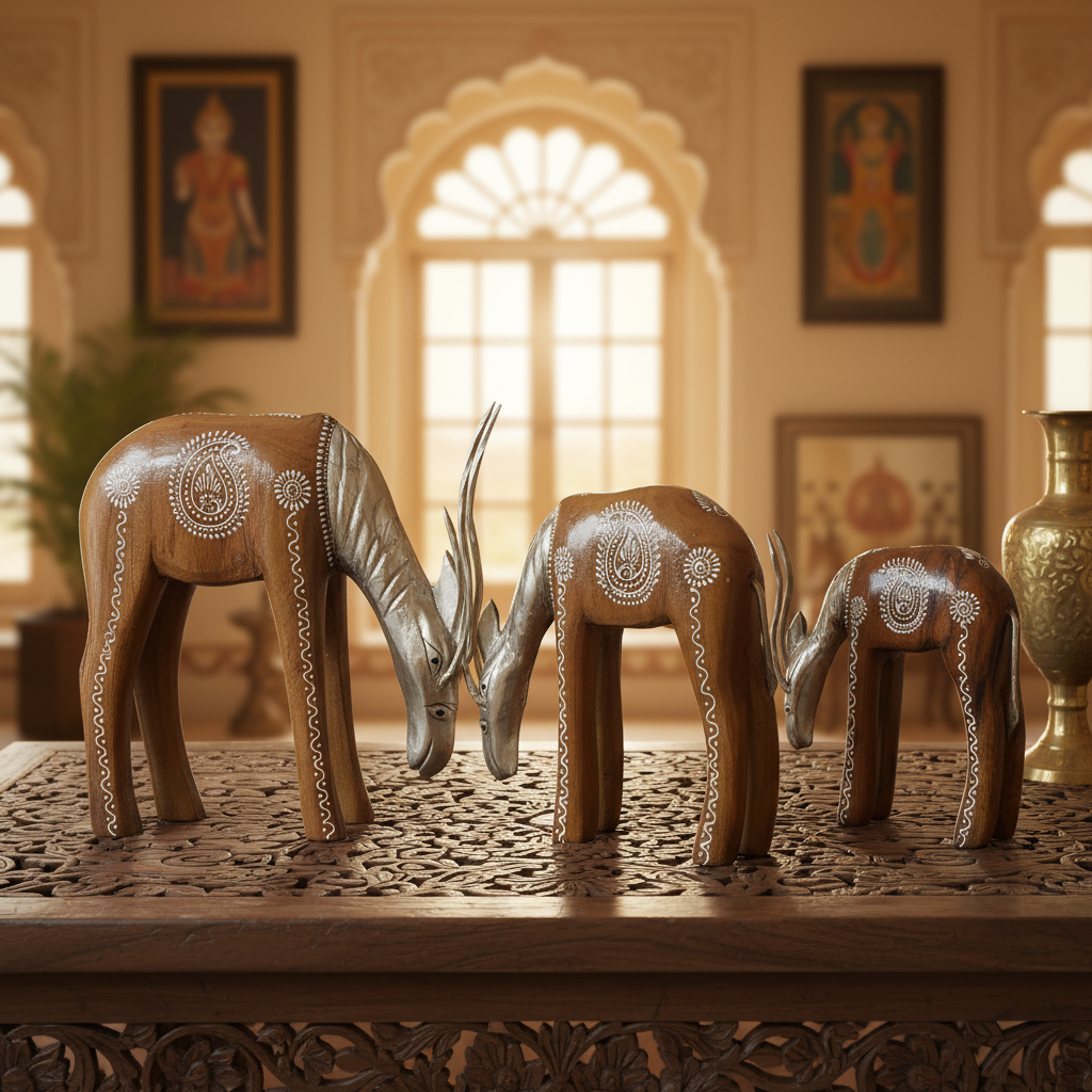 Decorative Handcrafted Deer Figurine Set – Brown Natural  Hand Painted Finish