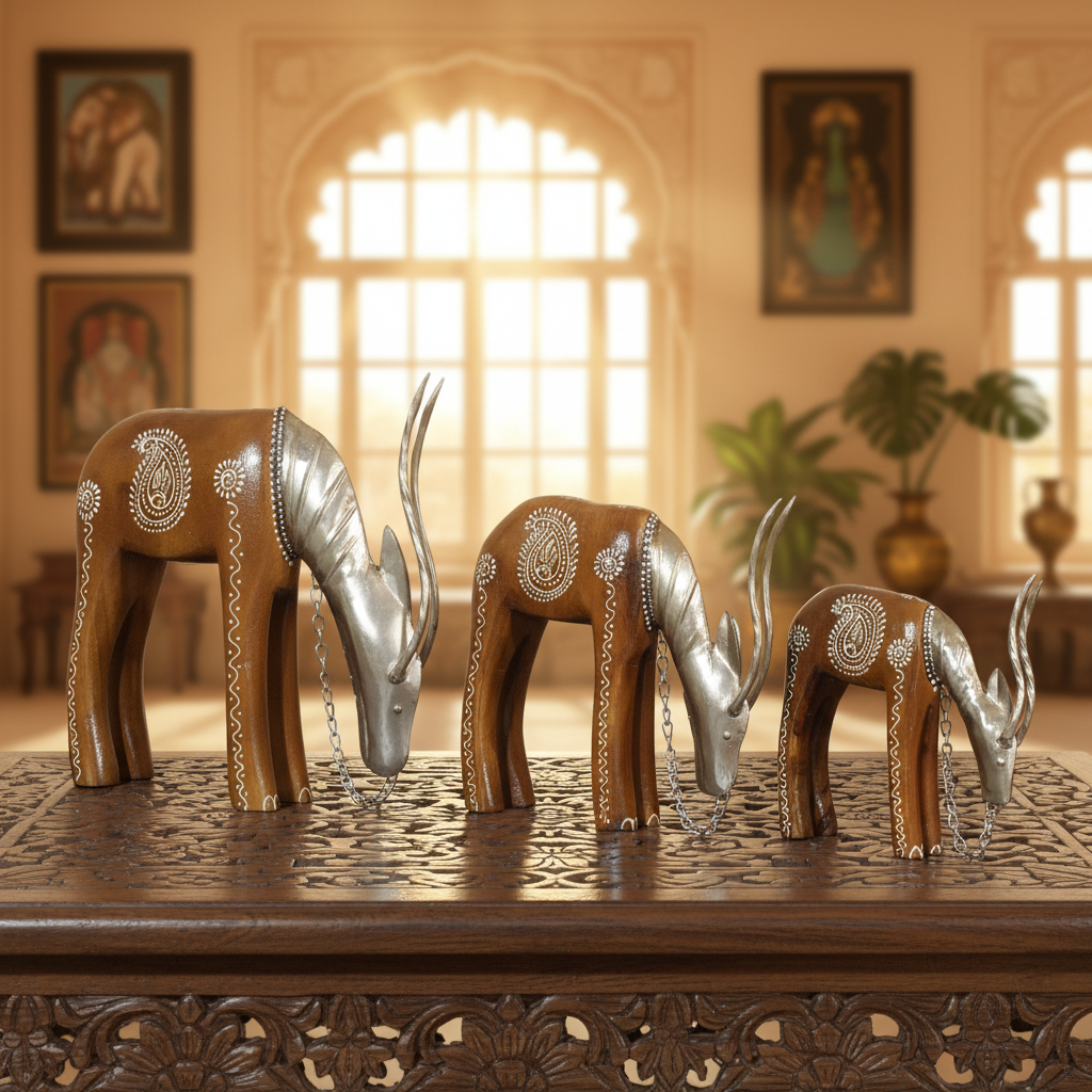 Decorative Handcrafted Deer Figurine Set – Brown Natural  Hand Painted Finish