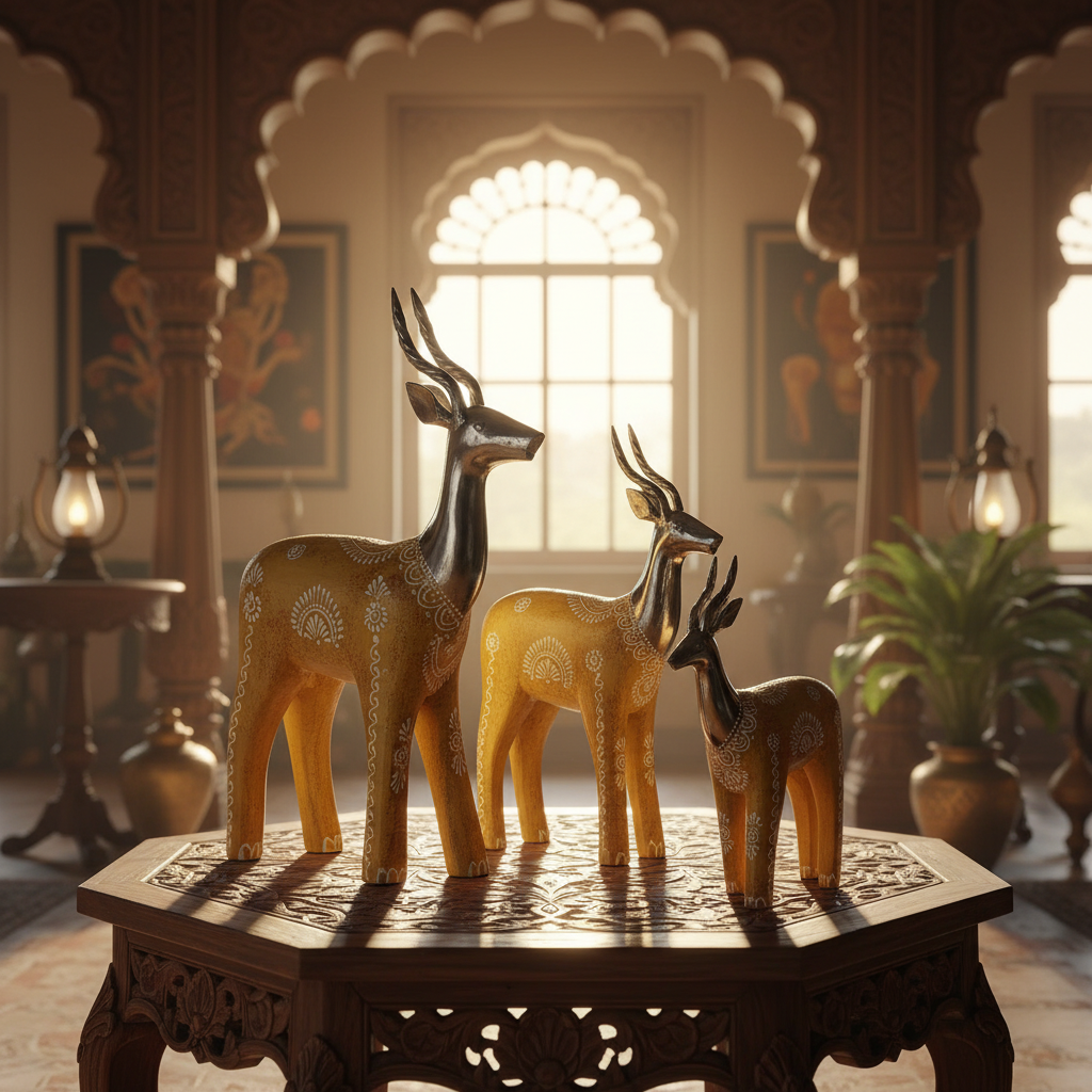 Decorative Handcrafted Deer Figurine Set – Antique Mustard Finish