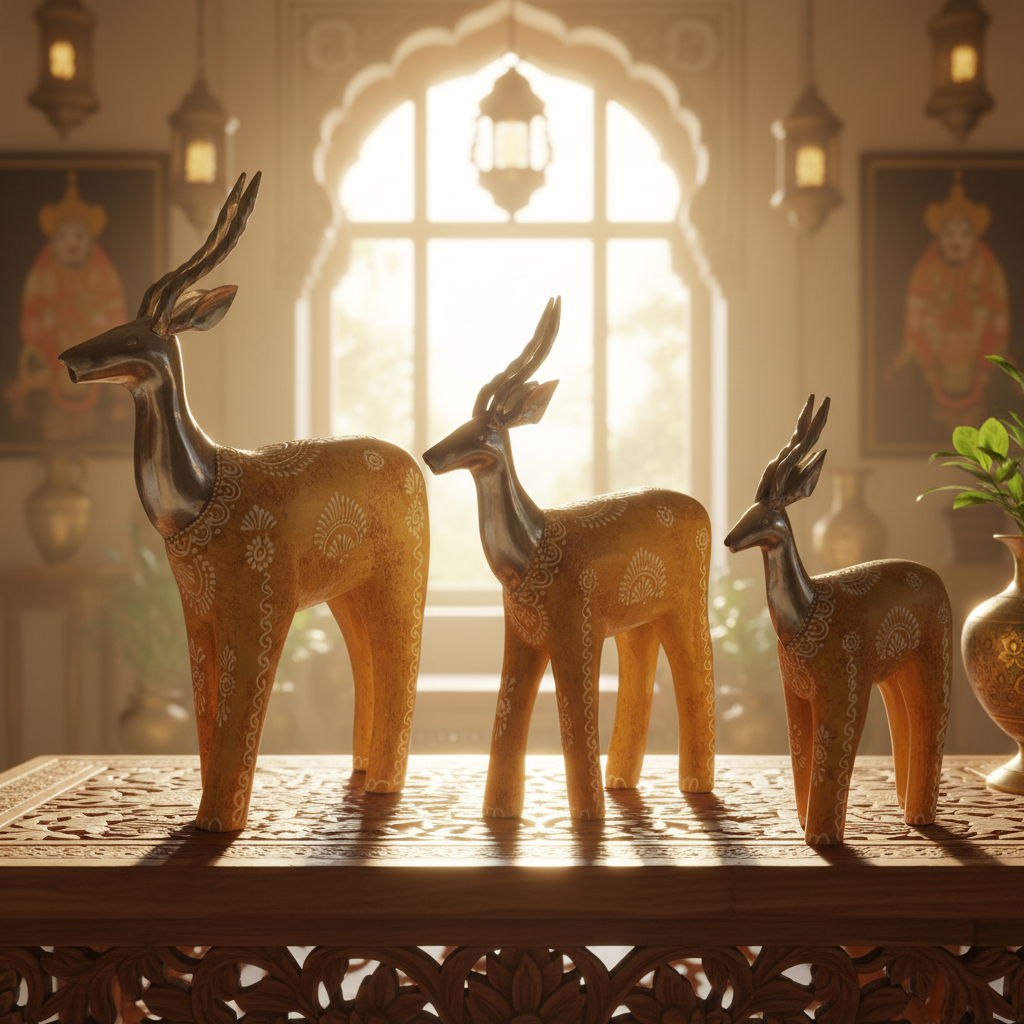 Decorative Handcrafted Deer Figurine Set – Antique Mustard Finish