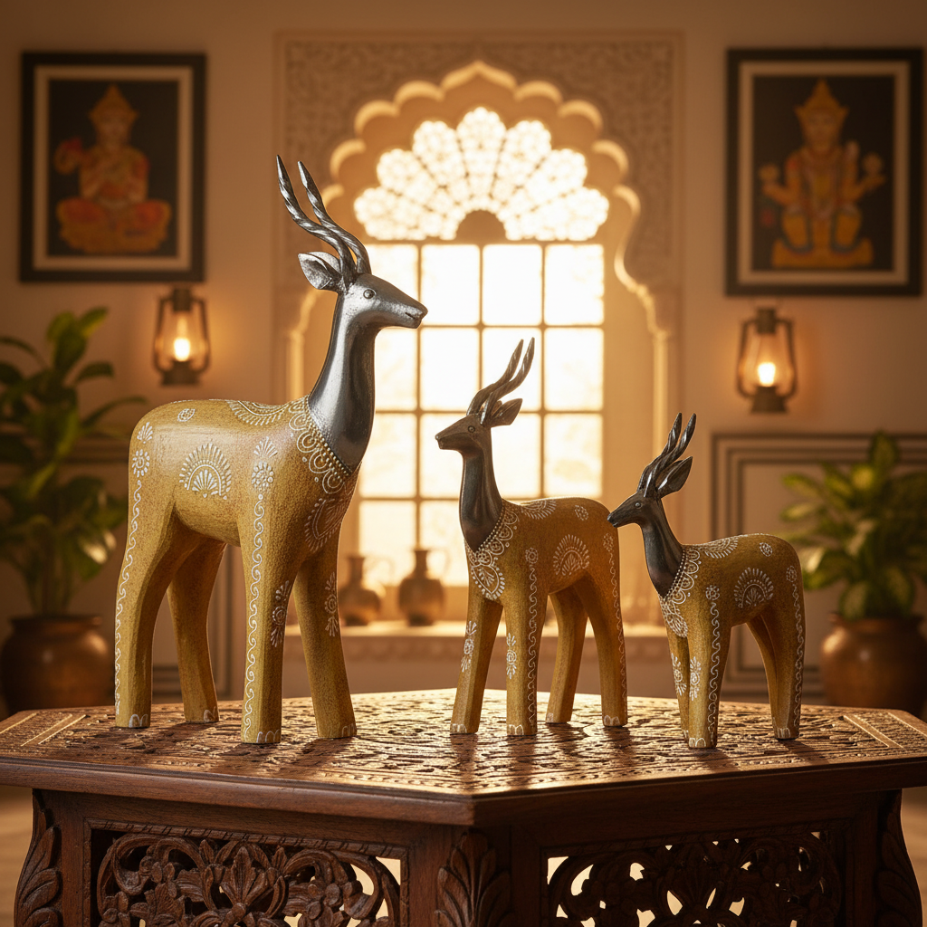 Decorative Handcrafted Deer Figurine Set – Antique Mustard Finish
