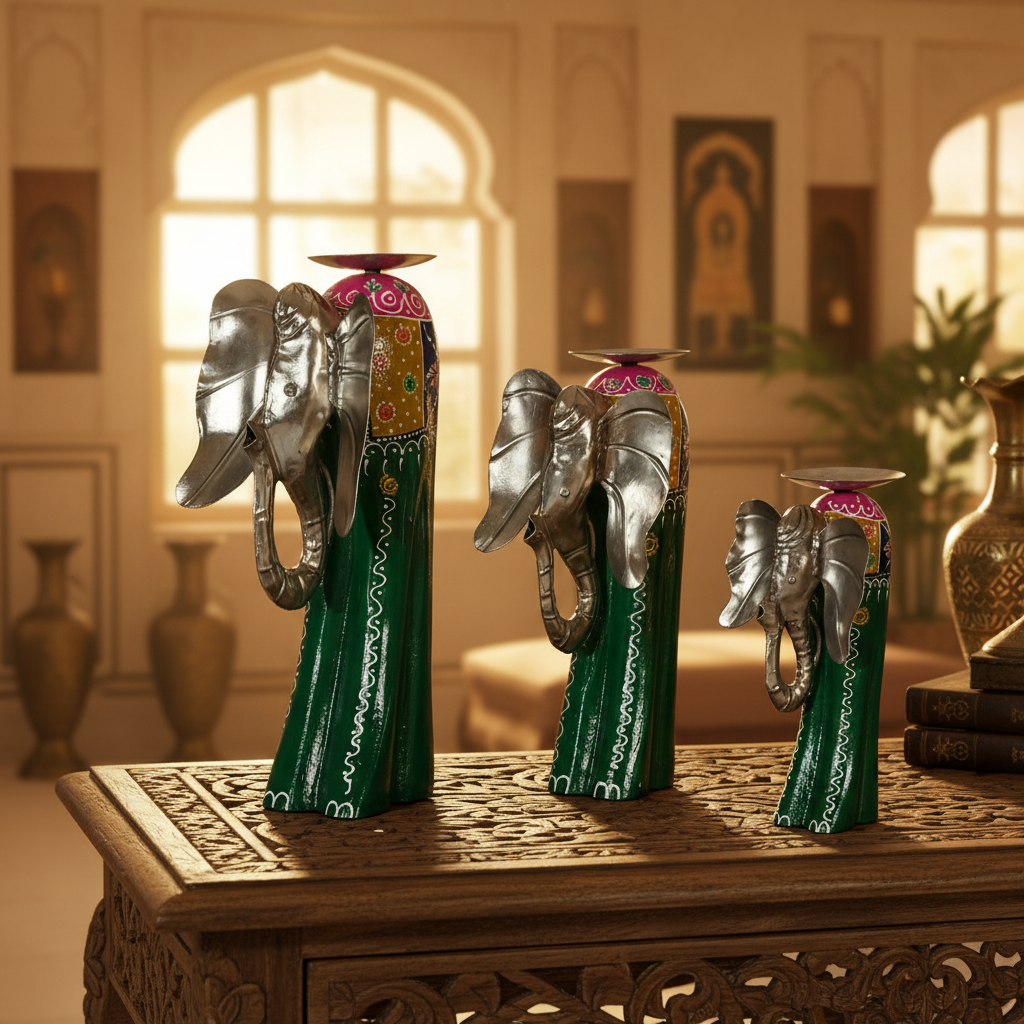 Decorative Handcrafted Elephant Candle Holder Set – Metal & Hand Painted Finish