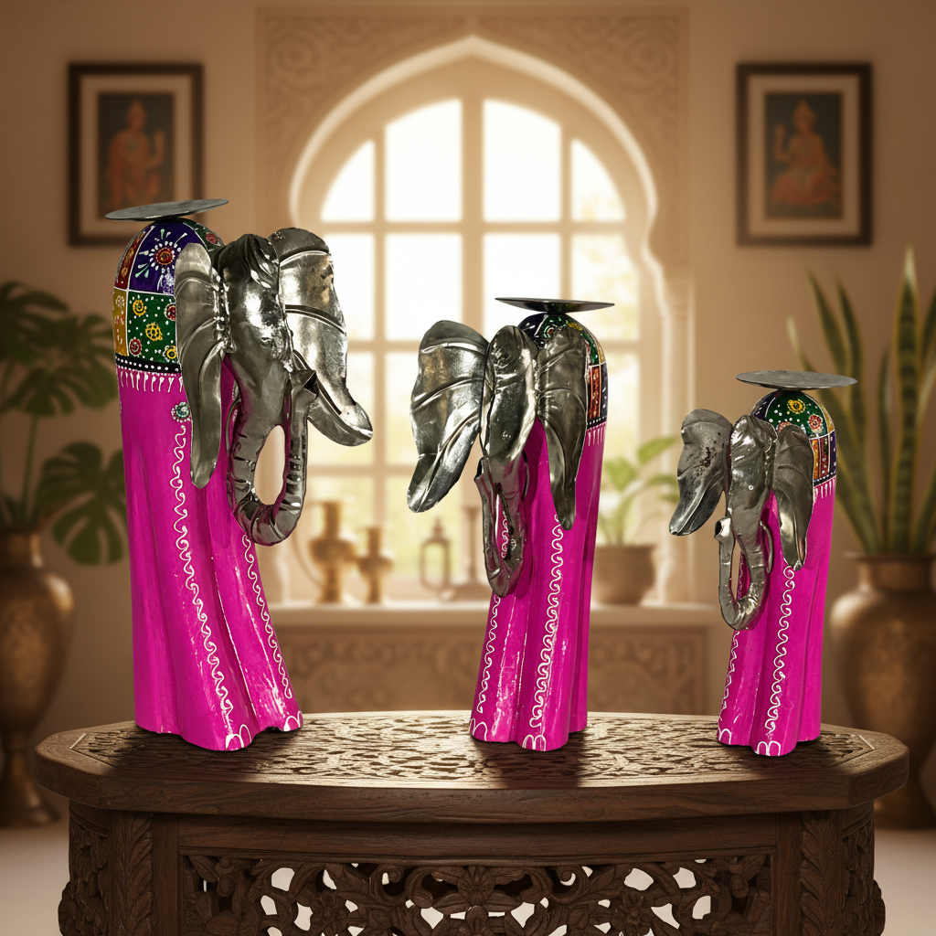 Decorative Handcrafted Elephant Candle Holder Set – Metal & Hand Painted Finish