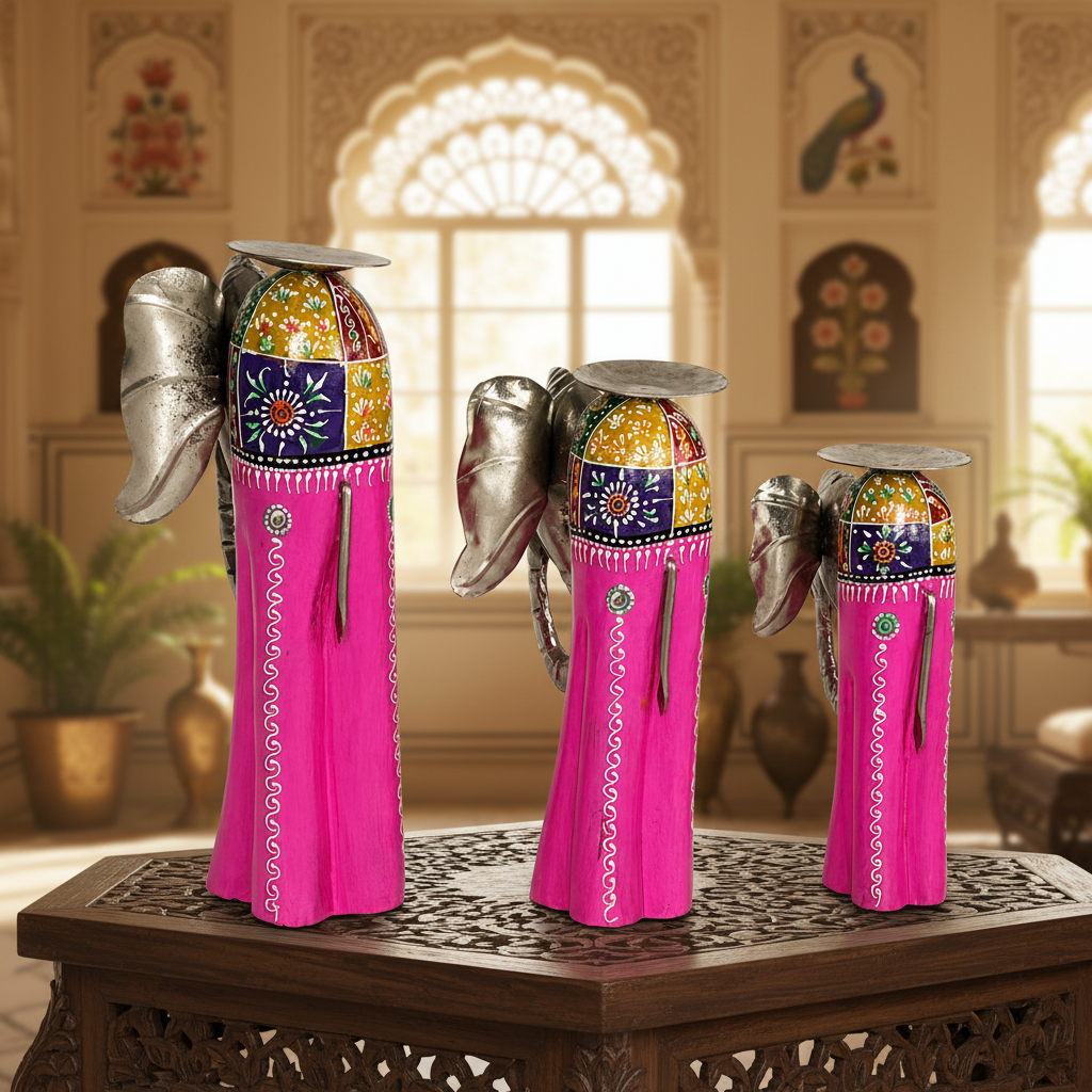 Decorative Handcrafted Elephant Candle Holder Set – Metal & Hand Painted Finish