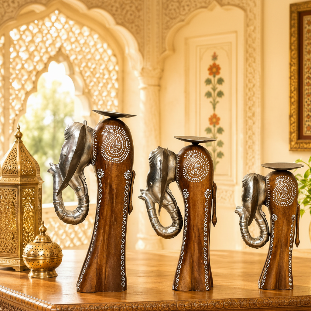 Decorative Handcrafted Elephant Candle Holder Set – Metal & Hand Painted Finish
