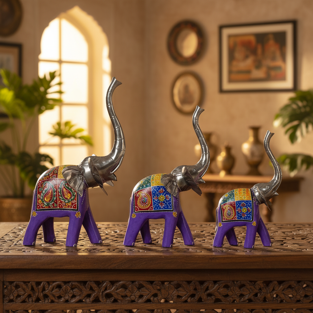 Decorative Handcrafted Elephant Figurine Set – Multicolor Hand Painted Finish