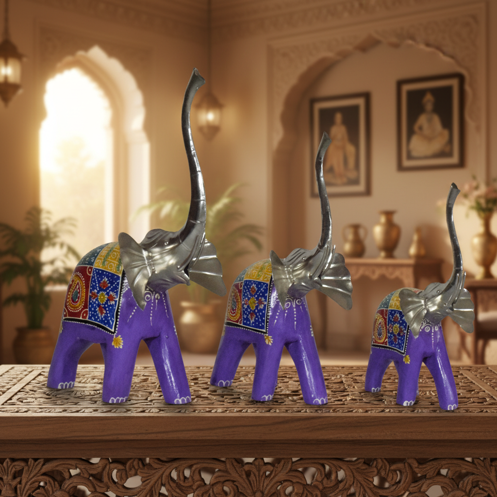 Decorative Handcrafted Elephant Figurine Set – Multicolor Hand Painted Finish