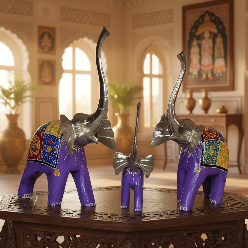 Decorative Handcrafted Elephant Figurine Set – Multicolor Hand Painted Finish