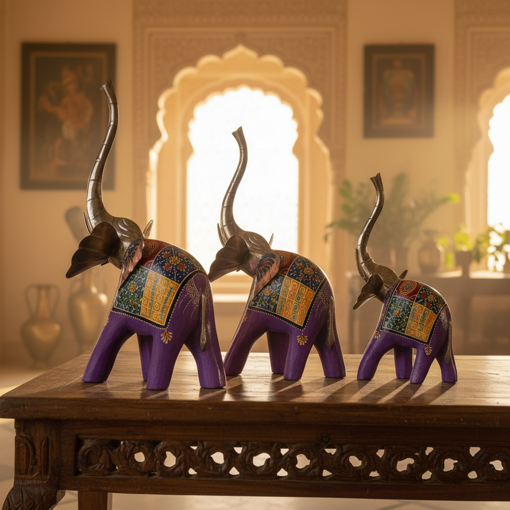 Decorative Handcrafted Elephant Figurine Set – Multicolor Hand Painted Finish