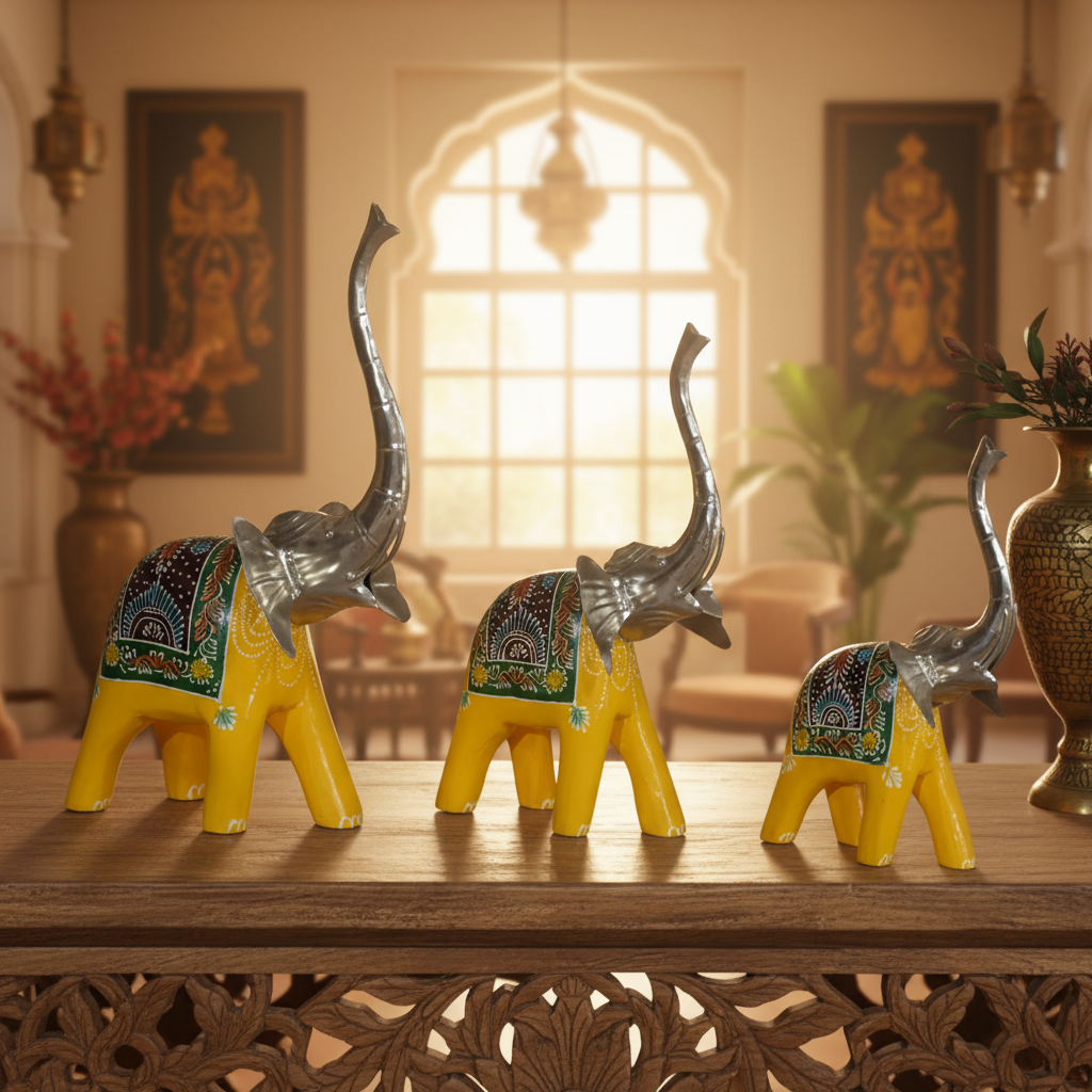 Decorative Handcrafted Elephant Figurine Set – Multicolor Hand Painted Finish