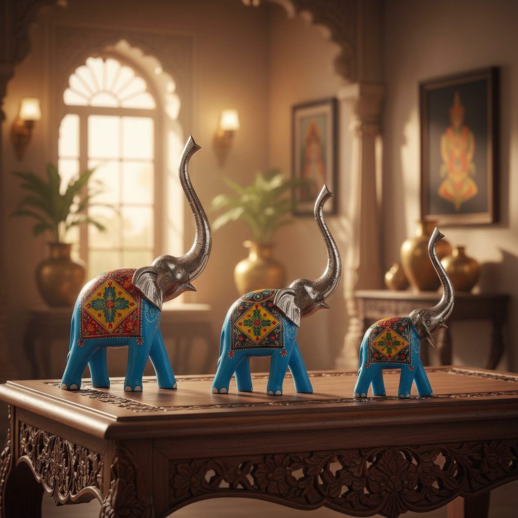 Decorative Handcrafted Elephant Figurine Set – Multicolor Hand Painted Finish