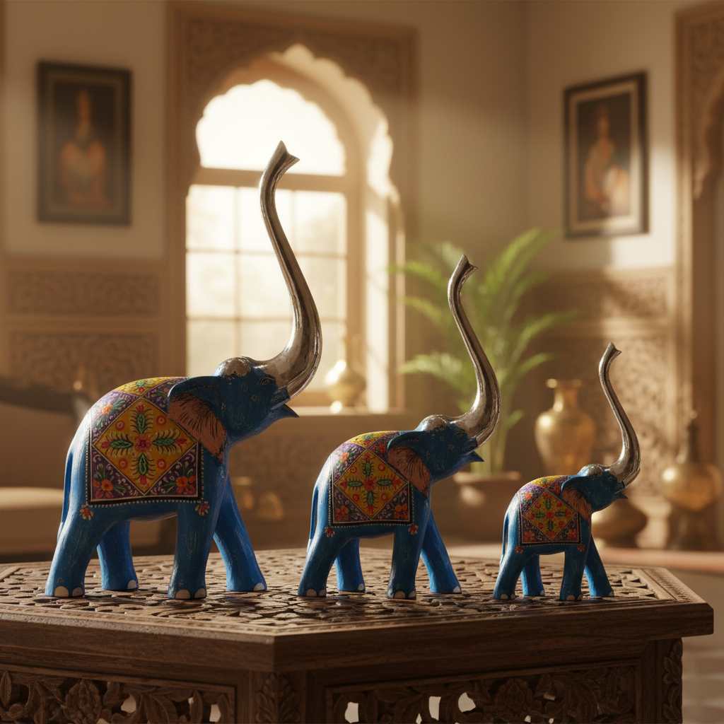 Decorative Handcrafted Elephant Figurine Set – Multicolor Hand Painted Finish