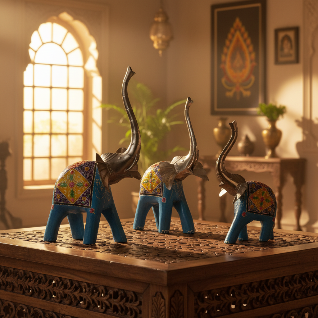 Decorative Handcrafted Elephant Figurine Set – Multicolor Hand Painted Finish