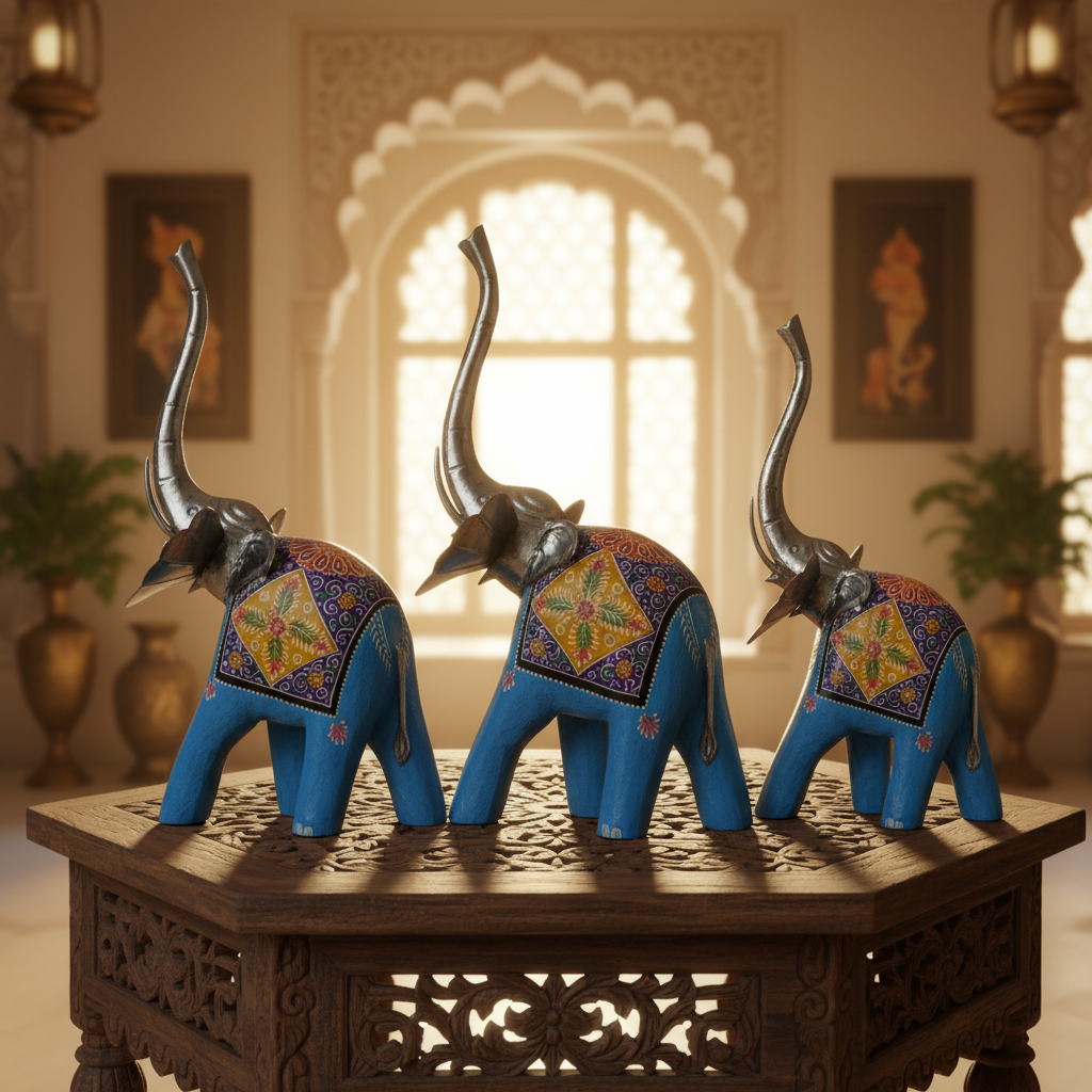 Decorative Handcrafted Elephant Figurine Set – Multicolor Hand Painted Finish