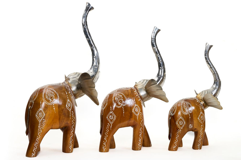Decorative Handcrafted Elephant Figurine Set – Brown Natural  Hand Painted Finish