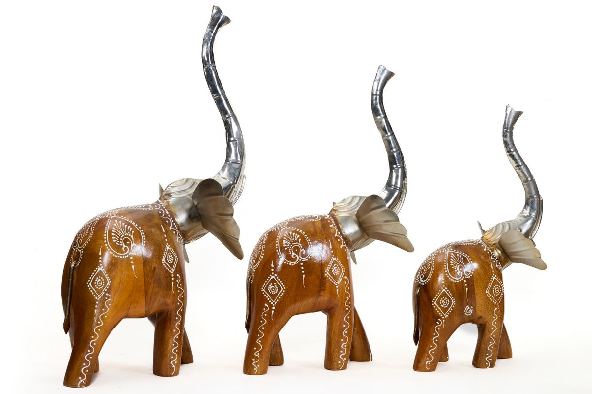 Decorative Handcrafted Elephant Figurine Set – Brown Natural  Hand Painted Finish