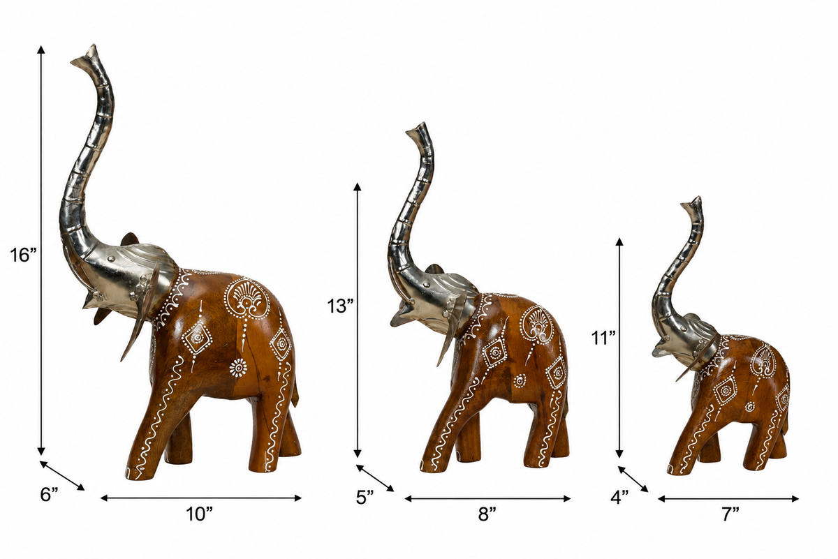 Decorative Handcrafted Elephant Figurine Set – Brown Natural  Hand Painted Finish
