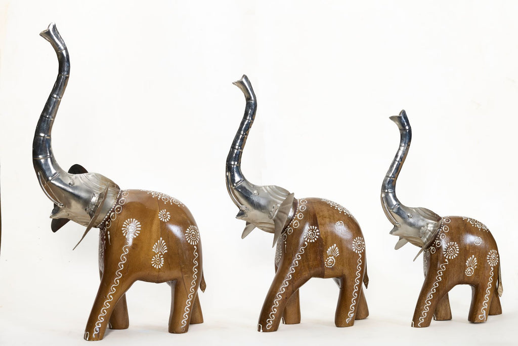 Decorative Handcrafted Elephant Figurine Set – Brown Natural  Hand Painted Finish