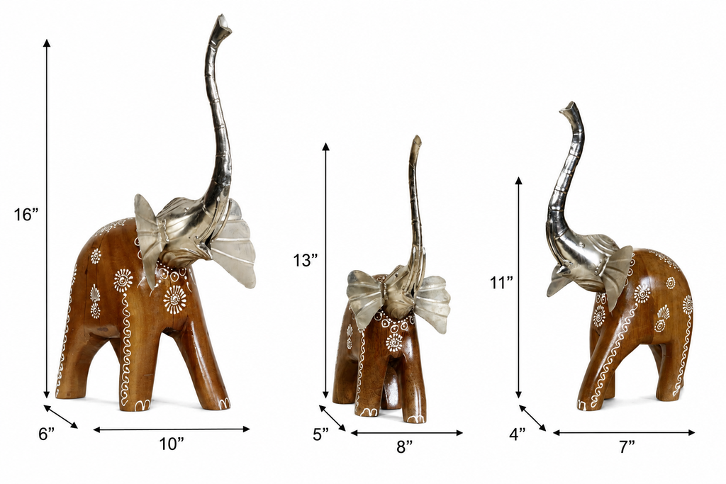 Decorative Handcrafted Elephant Figurine Set – Brown Natural  Hand Painted Finish