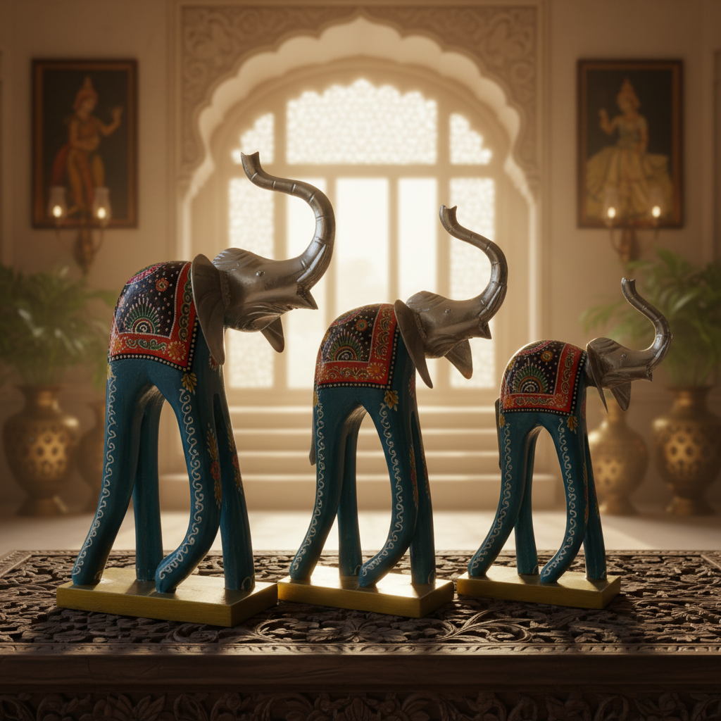 Decorative Handcrafted Elephant Figurine Set – Multicolor Hand Painted Finish