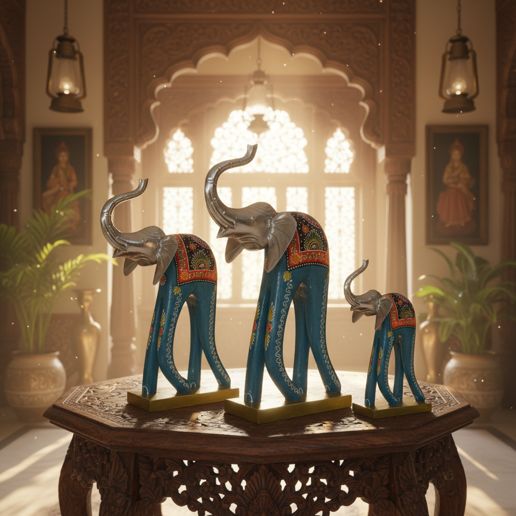 Decorative Handcrafted Elephant Figurine Set – Multicolor Hand Painted Finish