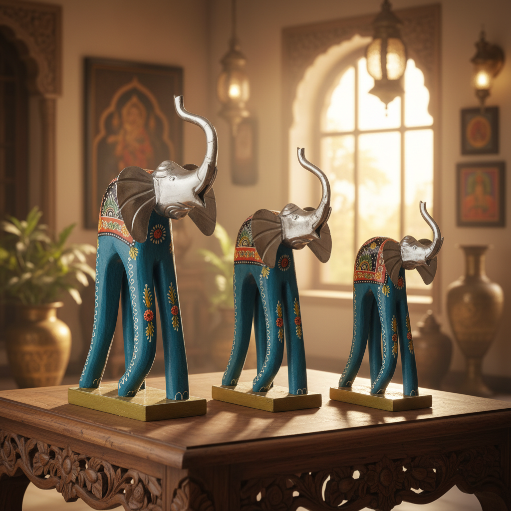 Decorative Handcrafted Elephant Figurine Set – Multicolor Hand Painted Finish