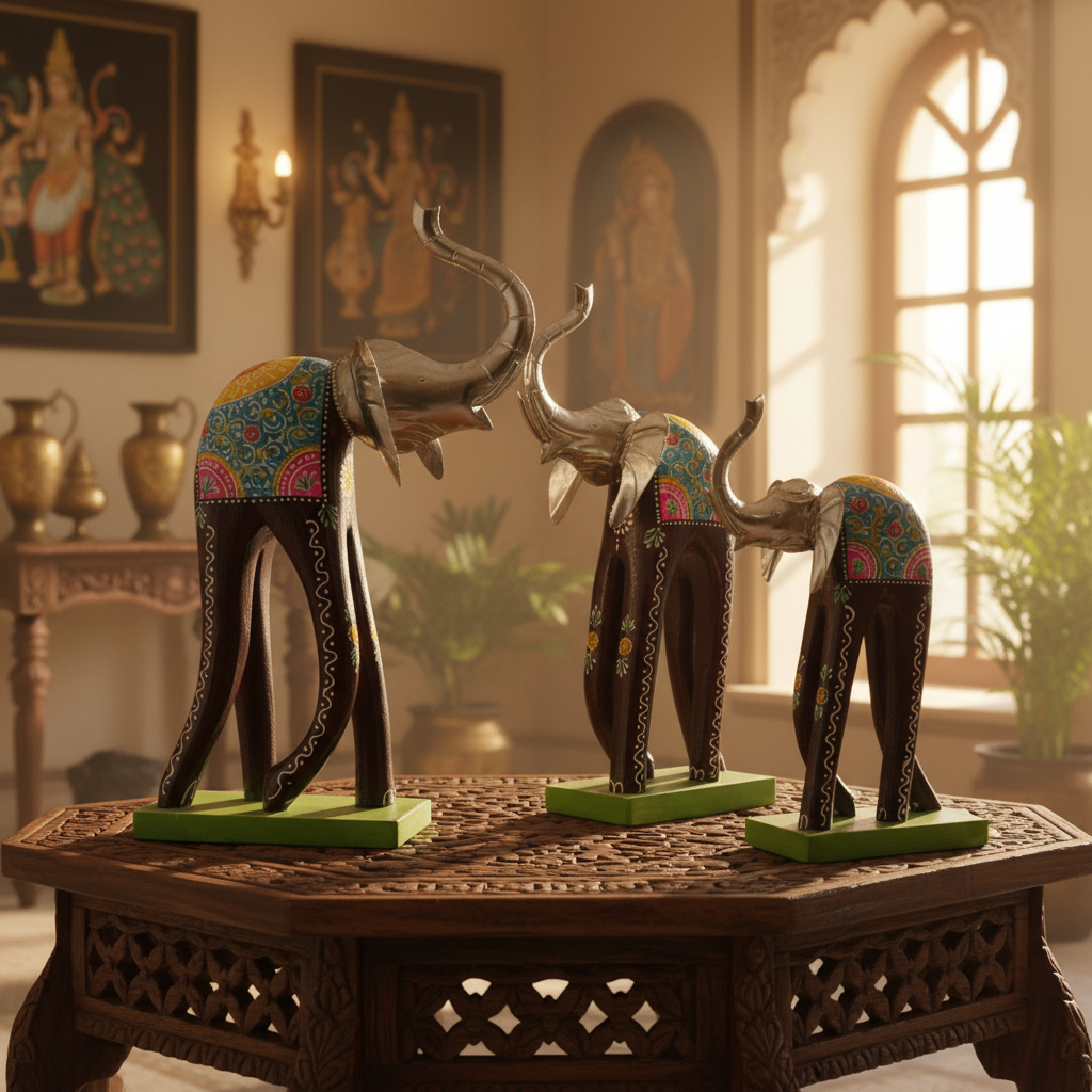 Decorative Handcrafted Elephant Figurine Set – Multicolor Hand Painted Finish