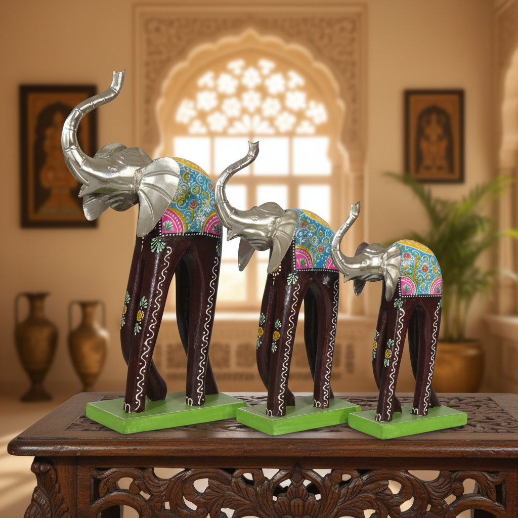 Decorative Handcrafted Elephant Figurine Set – Multicolor Hand Painted Finish