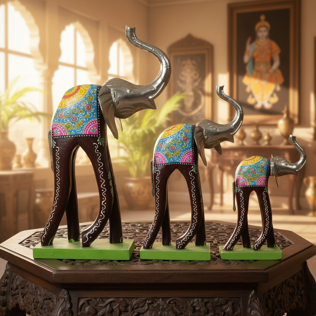 Decorative Handcrafted Elephant Figurine Set – Multicolor Hand Painted Finish