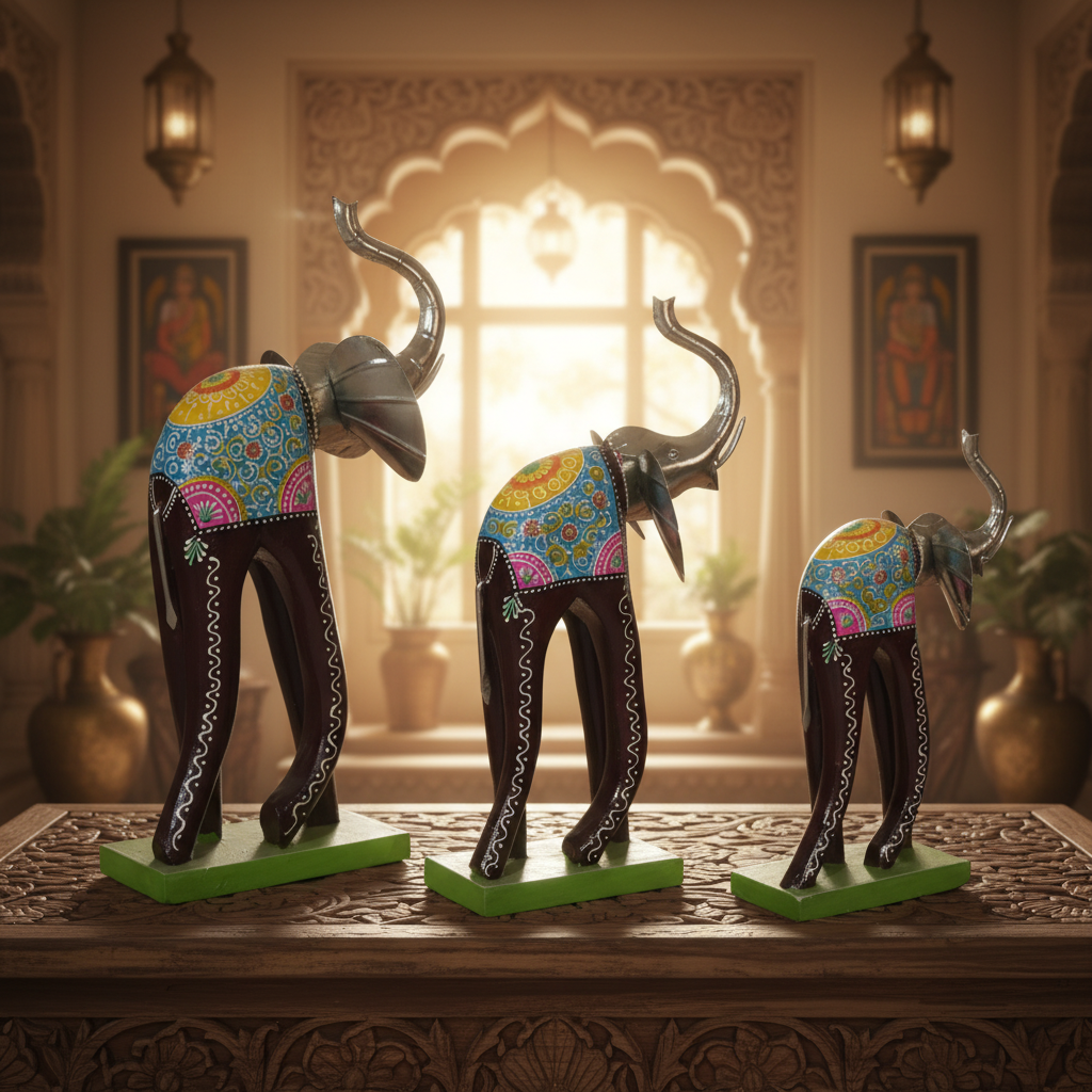 Decorative Handcrafted Elephant Figurine Set – Multicolor Hand Painted Finish