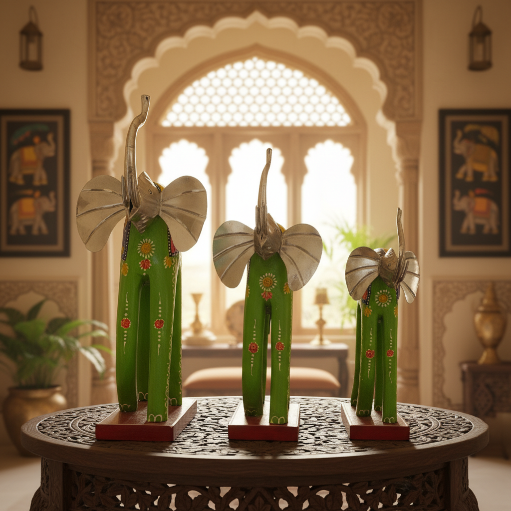Decorative Handcrafted Elephant Figurine Set – Multicolor Hand Painted Finish