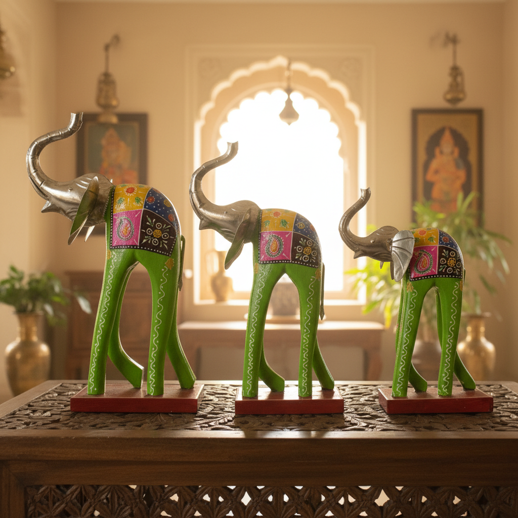 Decorative Handcrafted Elephant Figurine Set – Multicolor Hand Painted Finish