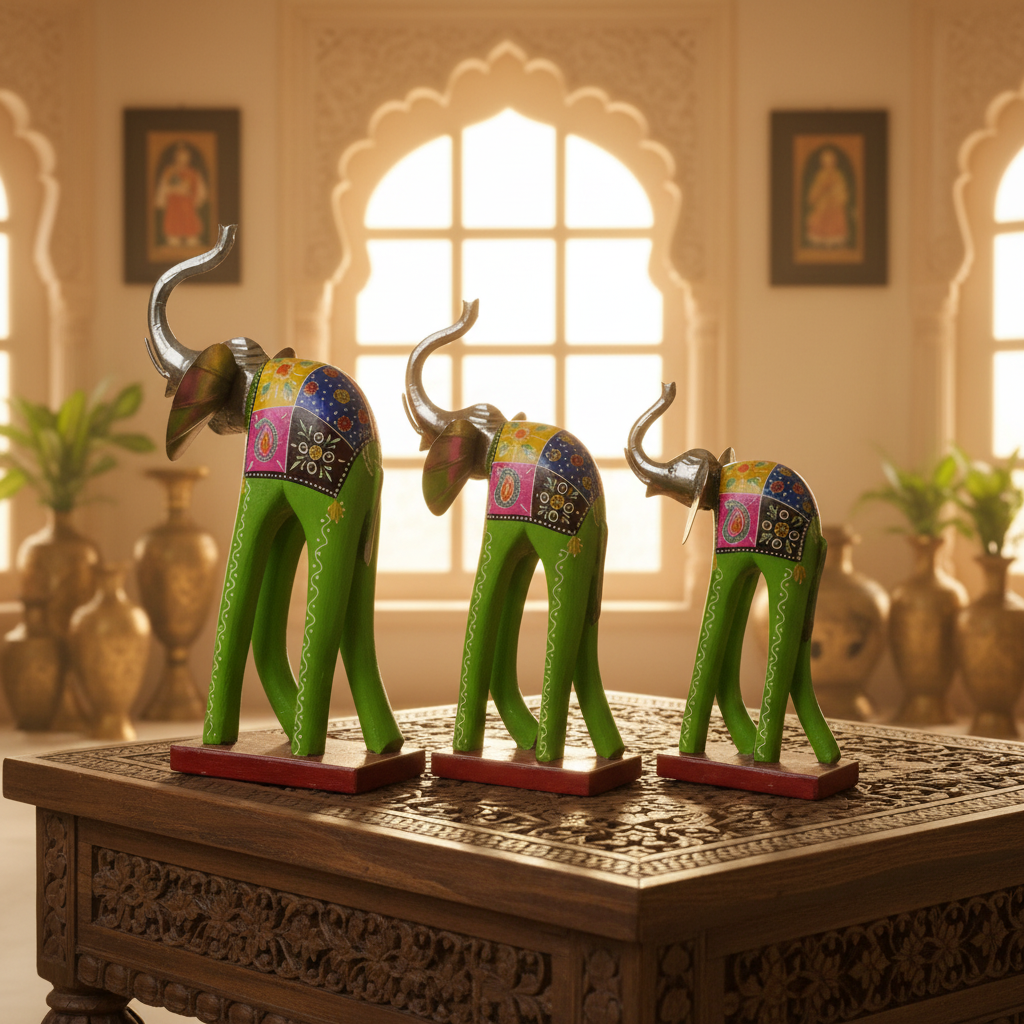 Decorative Handcrafted Elephant Figurine Set – Multicolor Hand Painted Finish