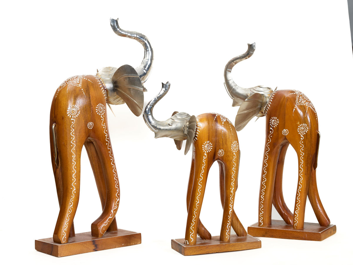 Decorative Handcrafted Elephant Figurine Set – Brown Natural  Hand Painted Finish