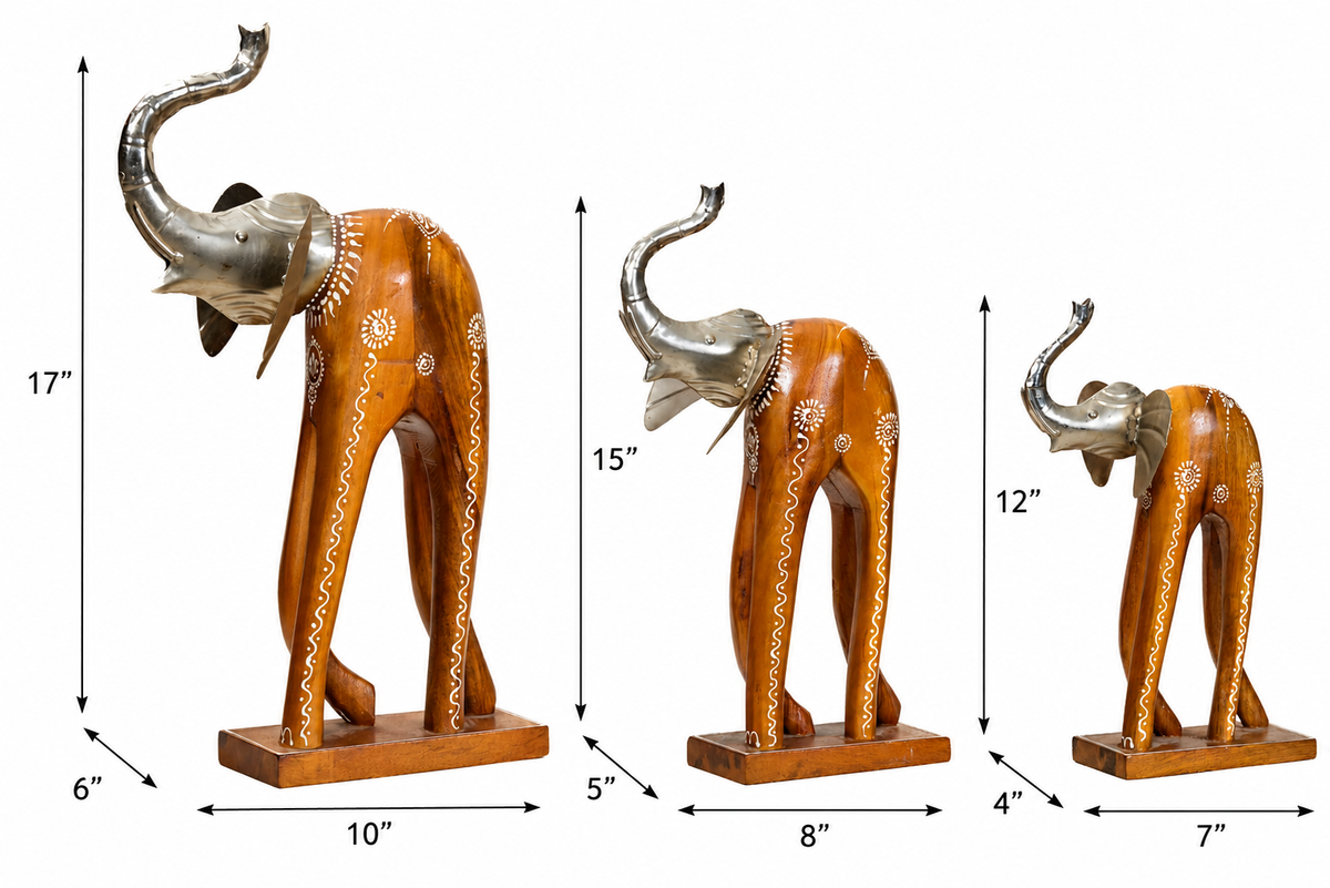 Decorative Handcrafted Elephant Figurine Set – Brown Natural  Hand Painted Finish