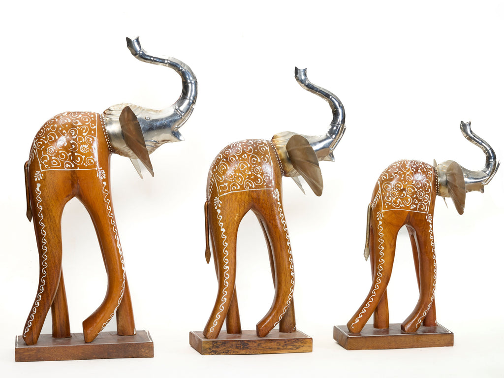 Decorative Handcrafted Elephant Figurine Set – Brown Natural  Hand Painted Finish