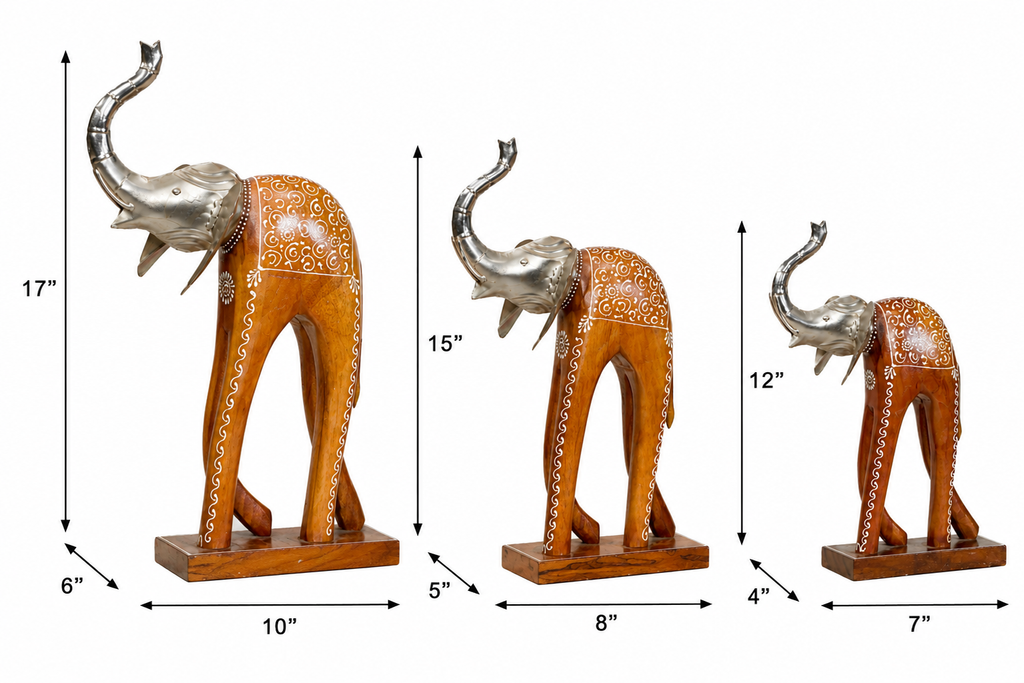 Decorative Handcrafted Elephant Figurine Set – Brown Natural  Hand Painted Finish