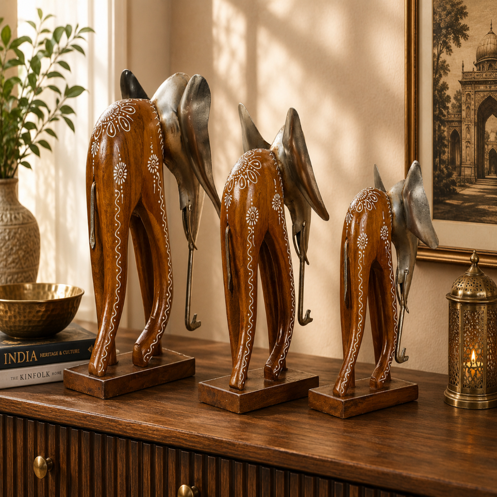Decorative Handcrafted Elephant Figurine Set – Metal Finish & Hand Painted Traditional Art