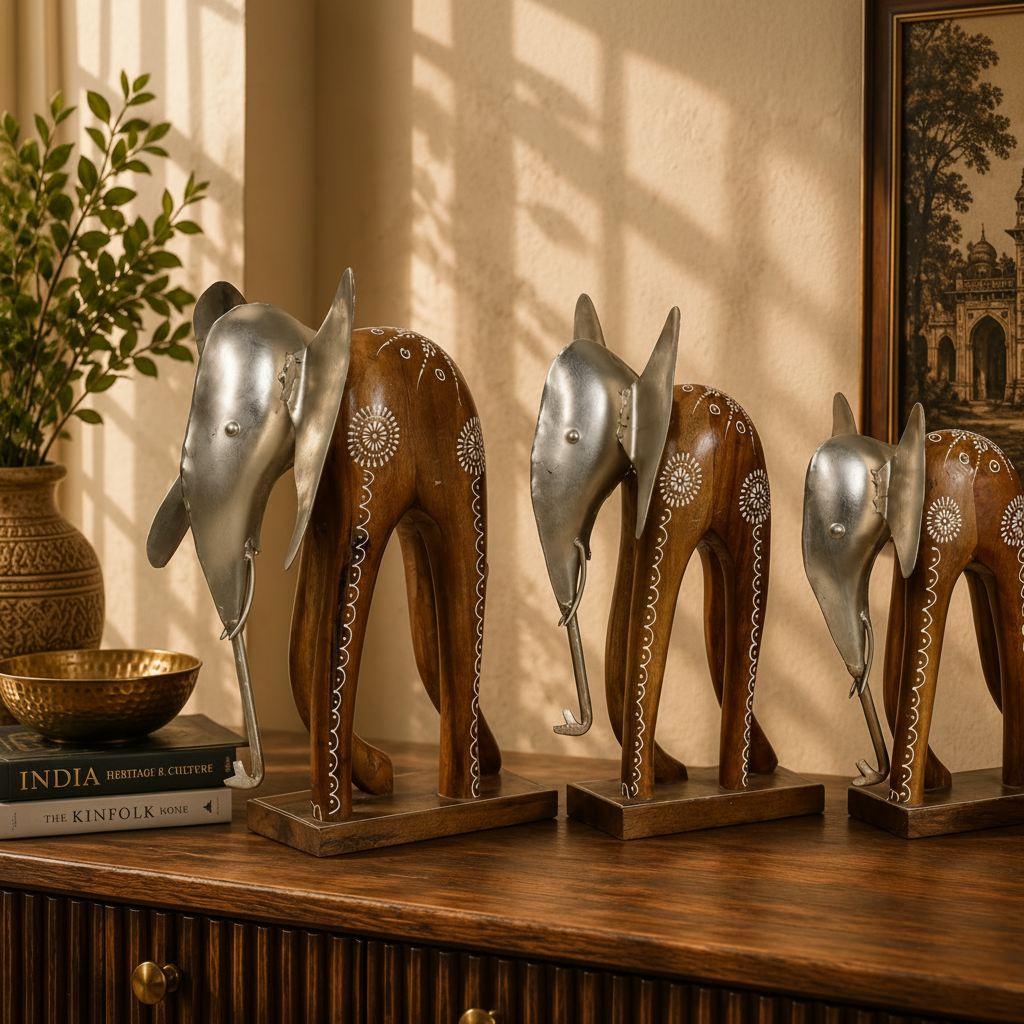 Decorative Handcrafted Elephant Figurine Set – Metal Finish & Hand Painted Traditional Art