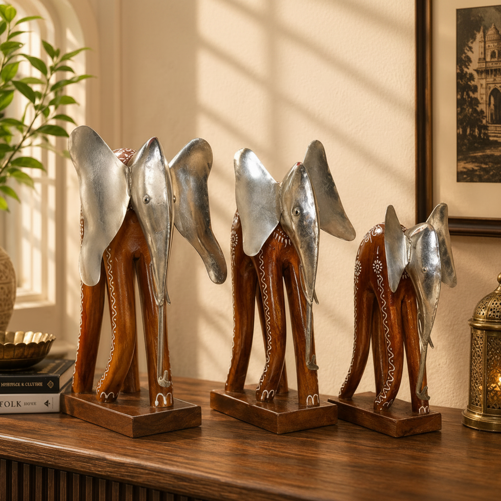 Decorative Handcrafted Elephant Figurine Set – Metal Finish & Hand Painted Traditional Art