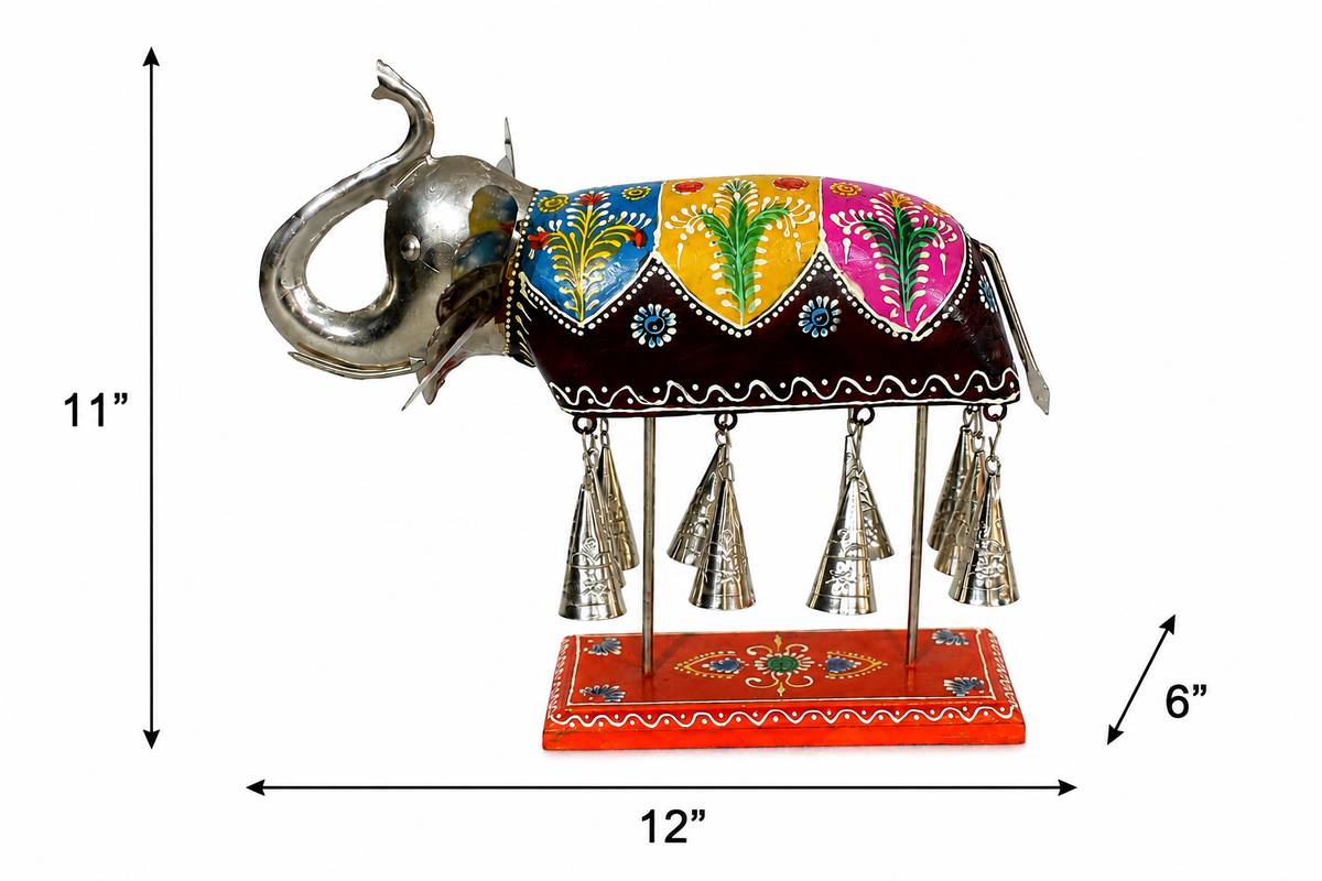 Decorative Handcrafted Elephant Sculpture with Hanging Bells – Multicolor Hand Painted Finish