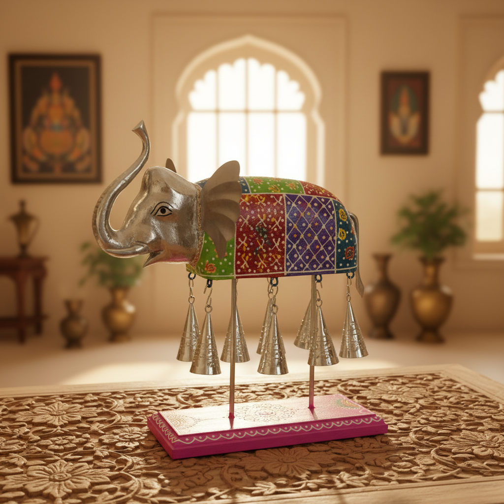 Decorative Handcrafted Elephant Sculpture with Hanging Bells – Multicolor Hand Painted Finish