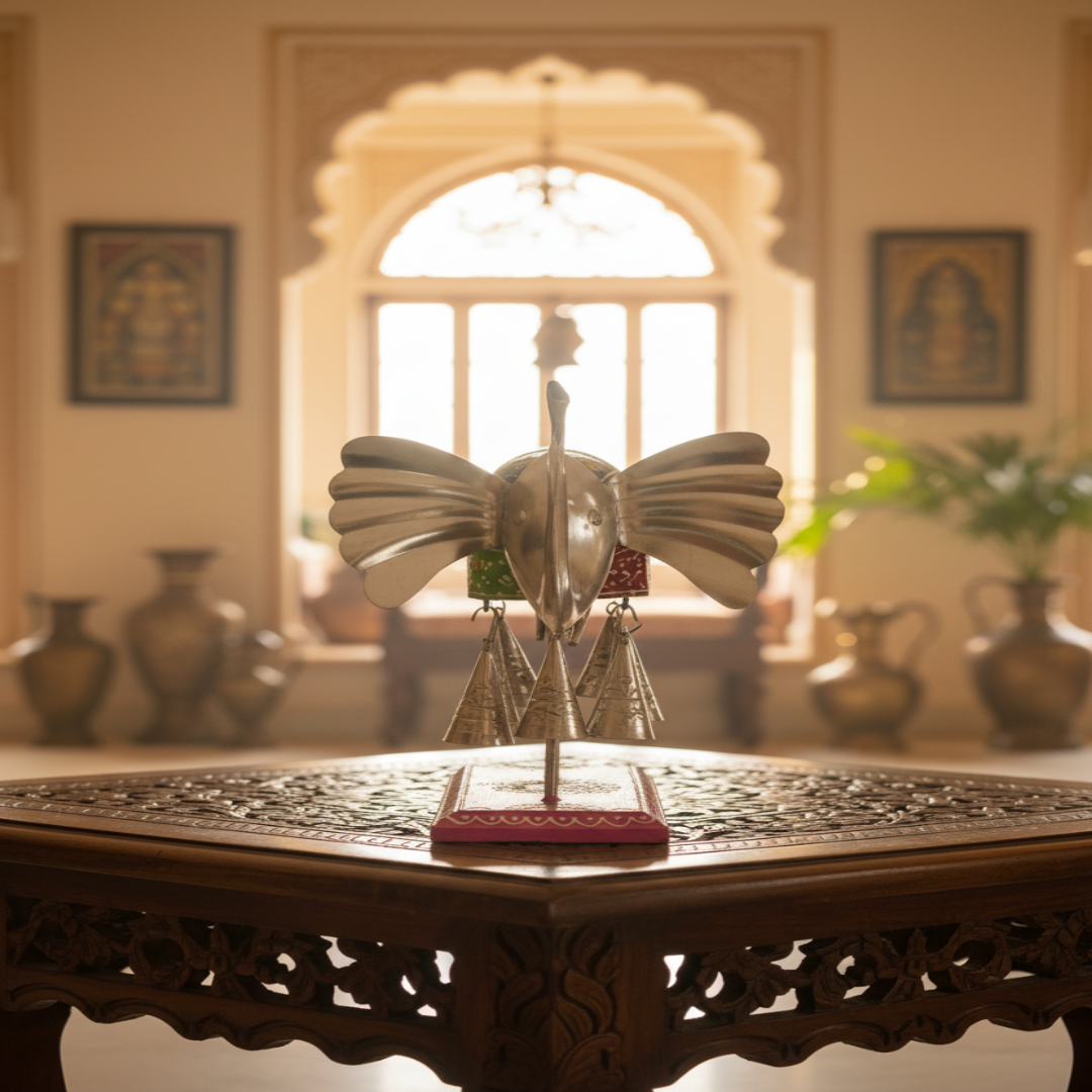 Decorative Handcrafted Elephant Sculpture with Hanging Bells – Multicolor Hand Painted Finish