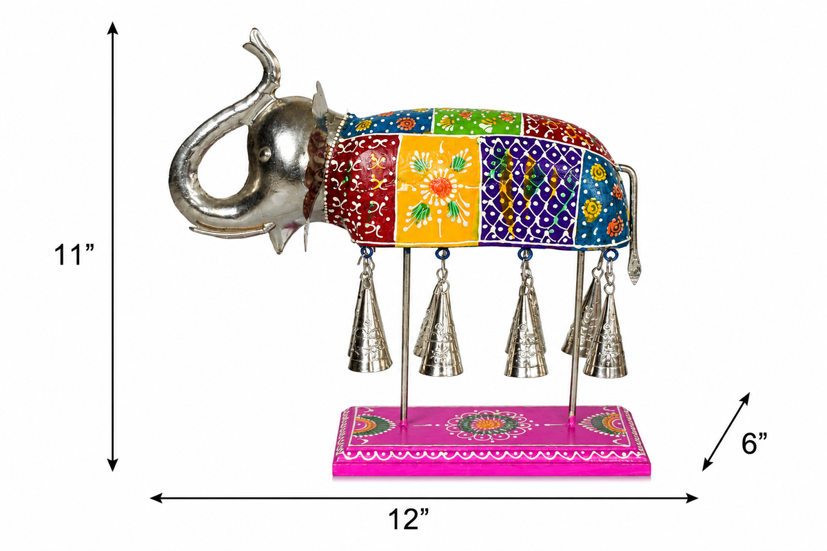 Decorative Handcrafted Elephant Sculpture with Hanging Bells – Multicolor Hand Painted Finish