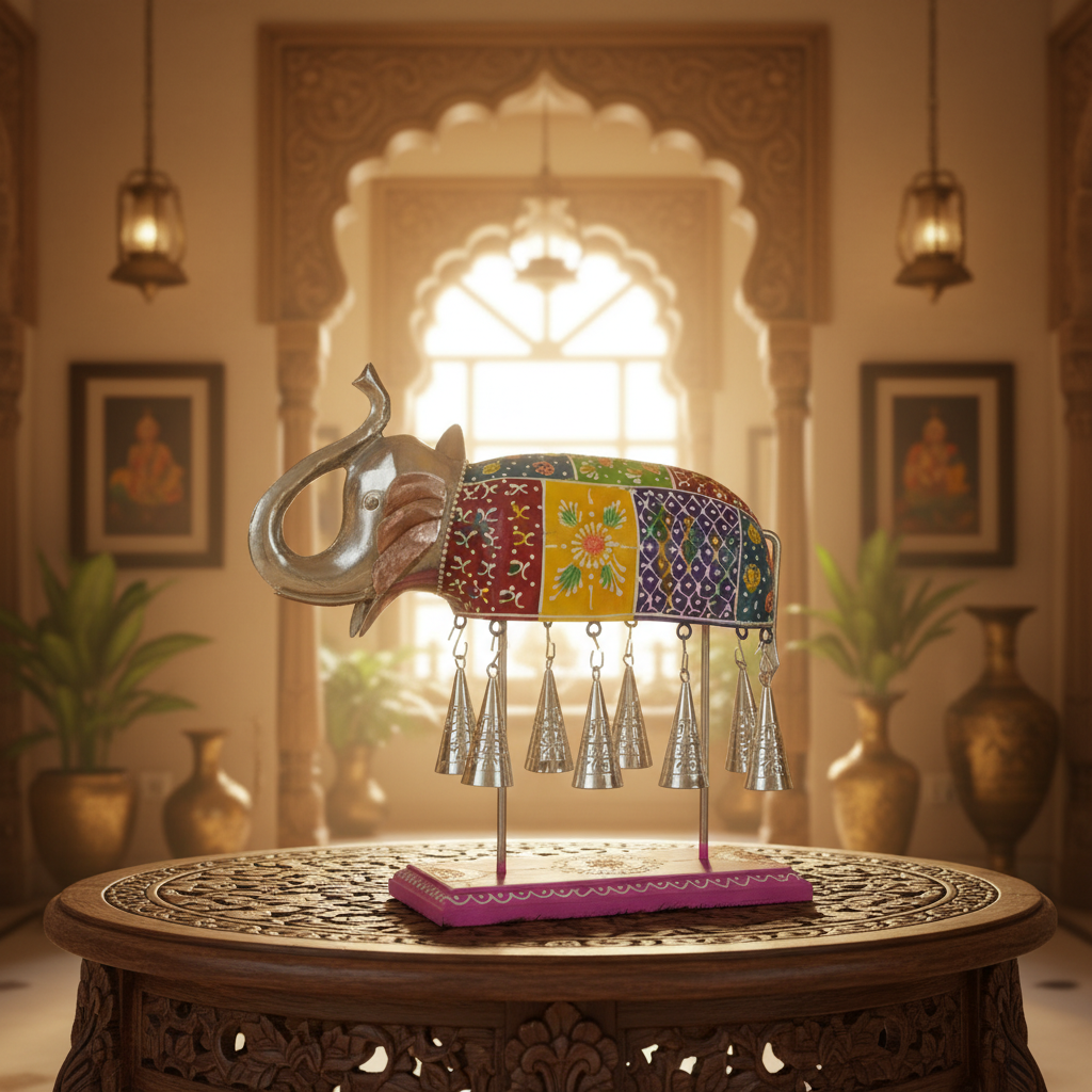 Decorative Handcrafted Elephant Sculpture with Hanging Bells – Multicolor Hand Painted Finish